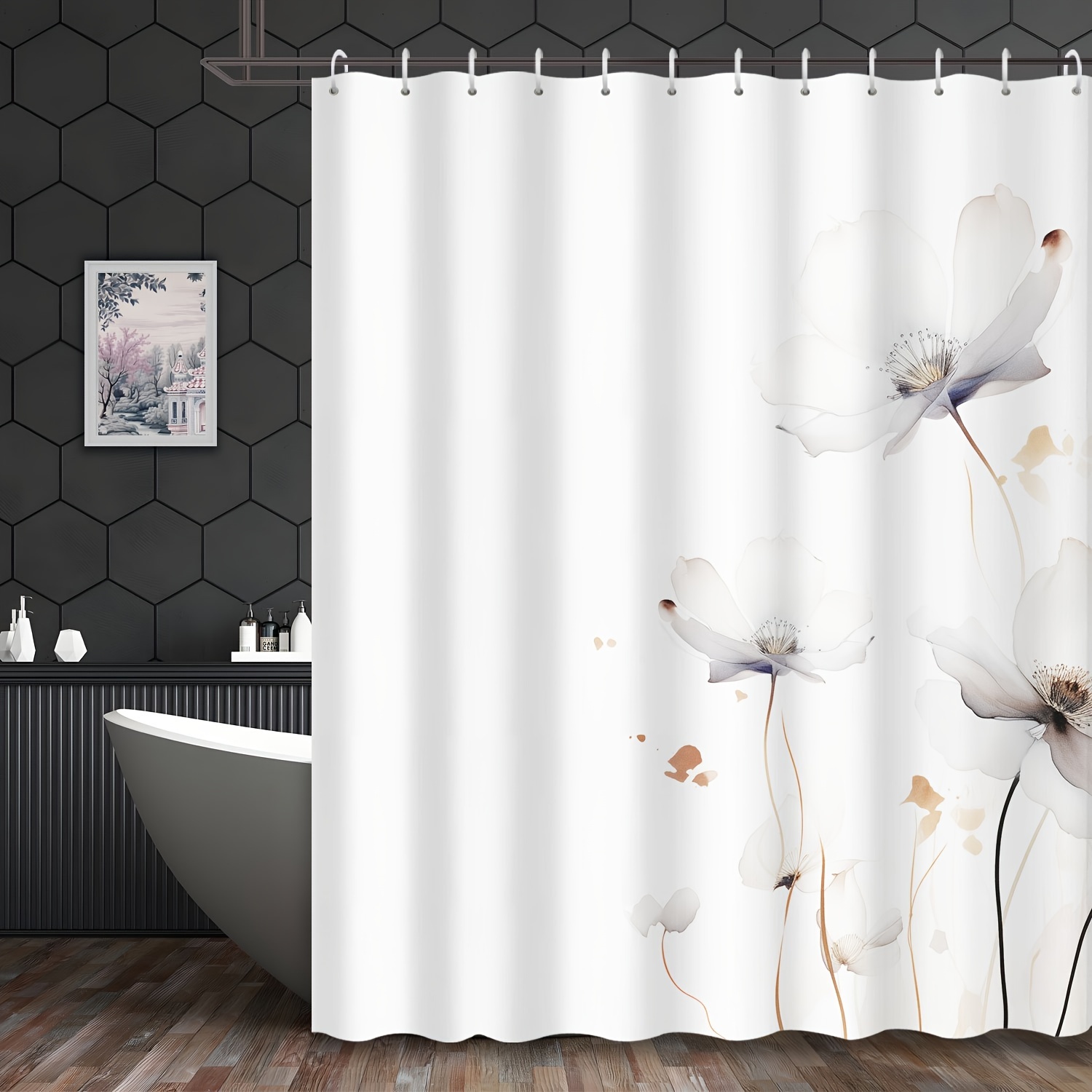 

1pcs Abstract Watercolor Elegant Light Flowers Printed Waterproof Shower Curtain For Hotel Apartment Bathroom Shower Curtain Tapestry Wall Decoration Hanging 72inch*72inch With 12 Hooks