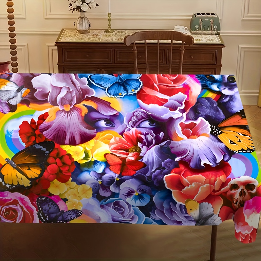 Runde Tischdecke Mit Schmetterlings-Blumen-Motiv & Reißverschluss-Loch – Wasserdicht, 152 Cm, Für Terrasse, Garten & Party