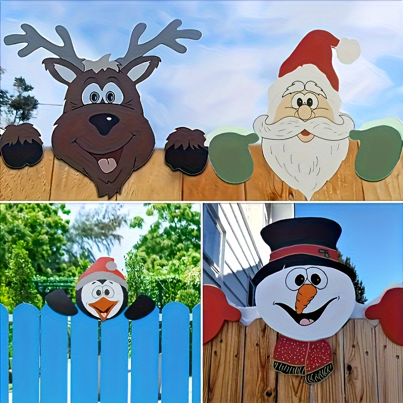 

4-piece Christmas Fence Peeker Yard Art Decoration Set - Reindeer, Santa, Penguin, Snowman - Plastic Holiday Outdoor Stake Decor, No Electricity Required