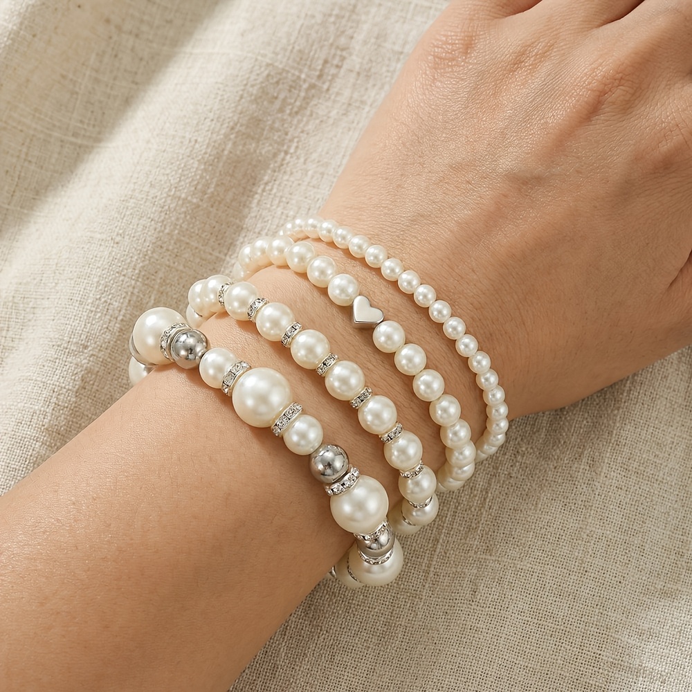 TEMU Juego de 4 Pulseras Elegantes y Modernas con de Perlas y Corazones de CCB, Ideales para Uso Diario, , Banquetes y Regalos de para Mujeres