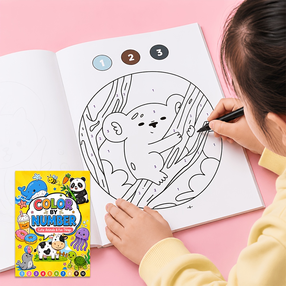 TEMU 32 Pages Children Color By Number Activity Book, Cute Animals & Daily Fun Things Number Matching Coloring Pages, Educational Preschool Drawing