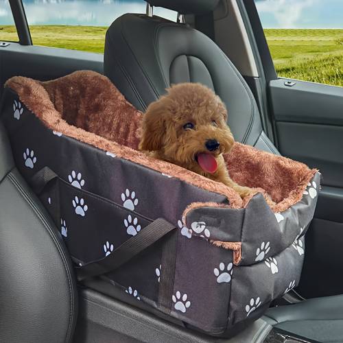 1pc black fabric dog car seat portable pet booster basket with paw print design comfortable armrest headrest for small to medium dogs secure travel carrier for vehicle car seat for pets booster fabric pet bed car seat for dogs