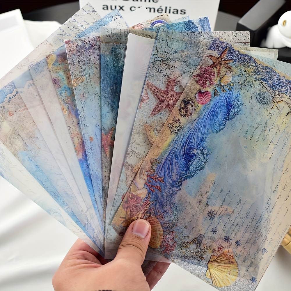 E-shop 12 Stück blau-ockerfarbenes, semi-transparentes Vellum-Papier im Vintage-Stil für Scrapbooking, handgemachte Materialien für Journale,