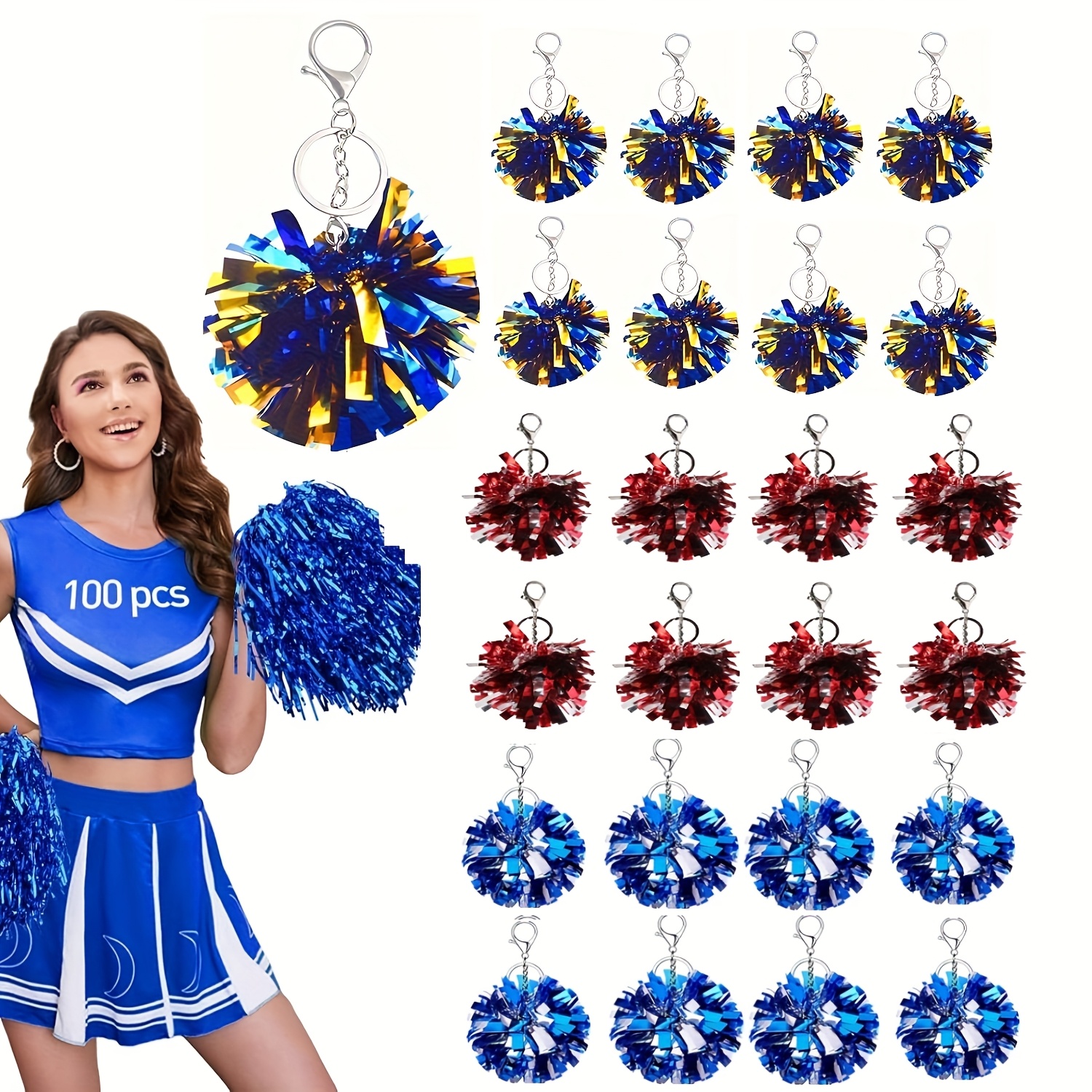 

24pcs Pom Poms Keychains - Vibrant Mixed Colors, Pp Material, Cheerleading & Dance Accessories