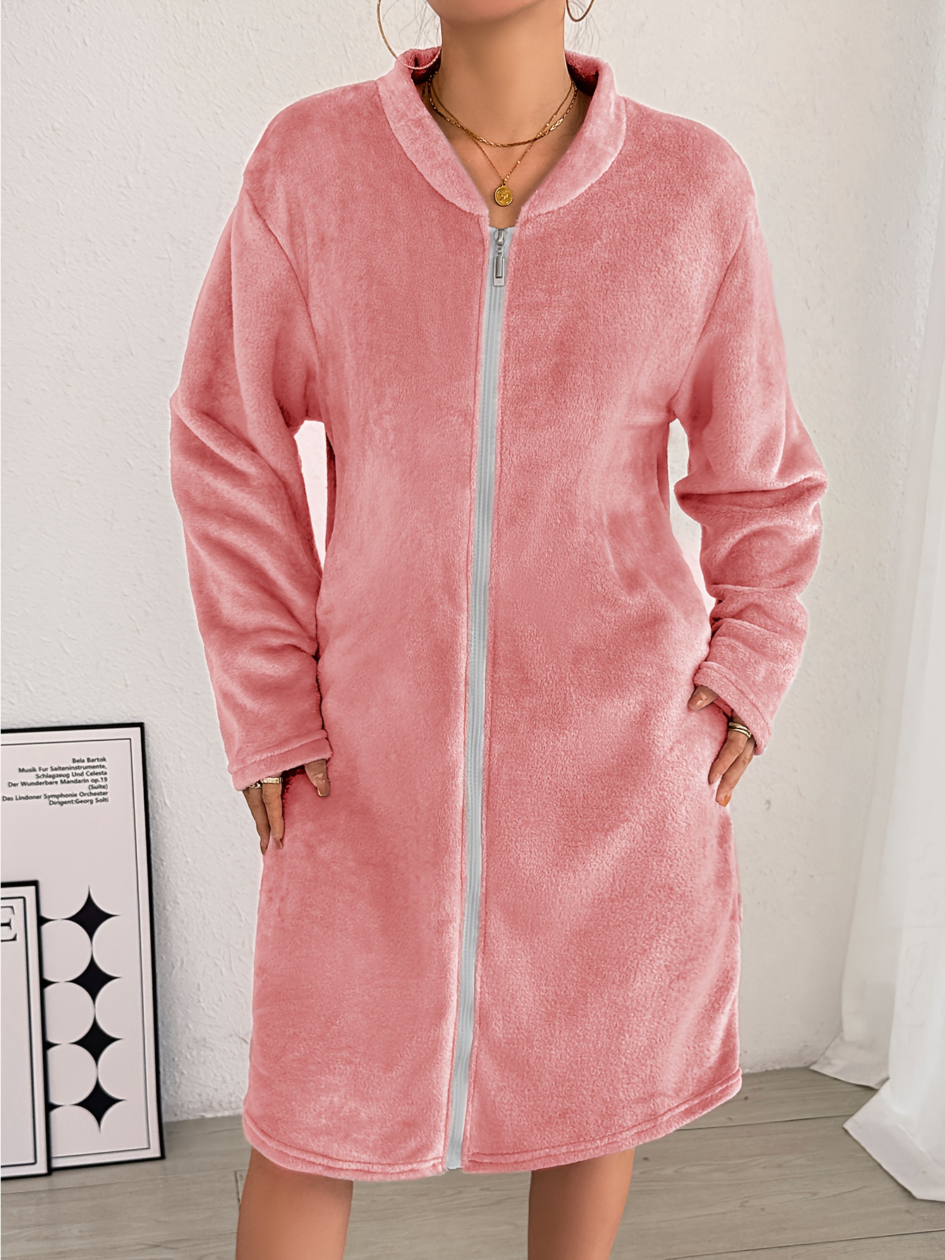 knee length dresses for ladies Soft Touch Embossed Effect Zip Front Dressing Gown — Sandras-Online main image 1