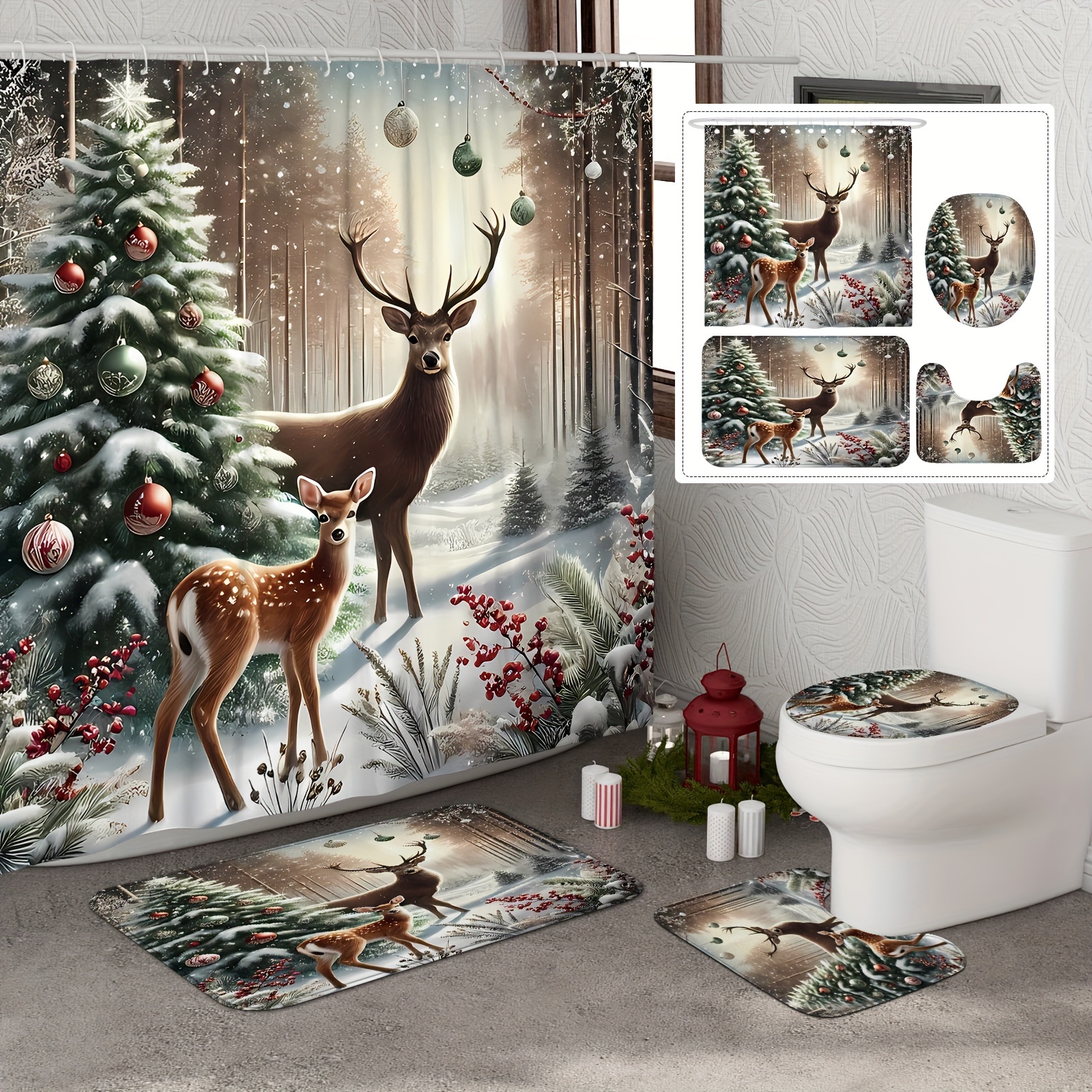 

Christmas Deer & Pine Curtain Set - 1/4pcs Waterproof Polyester With Non-slip Bath Mat, U-shaped Toilet Lid Cover & 12 Hooks - Winter Bathroom Decor