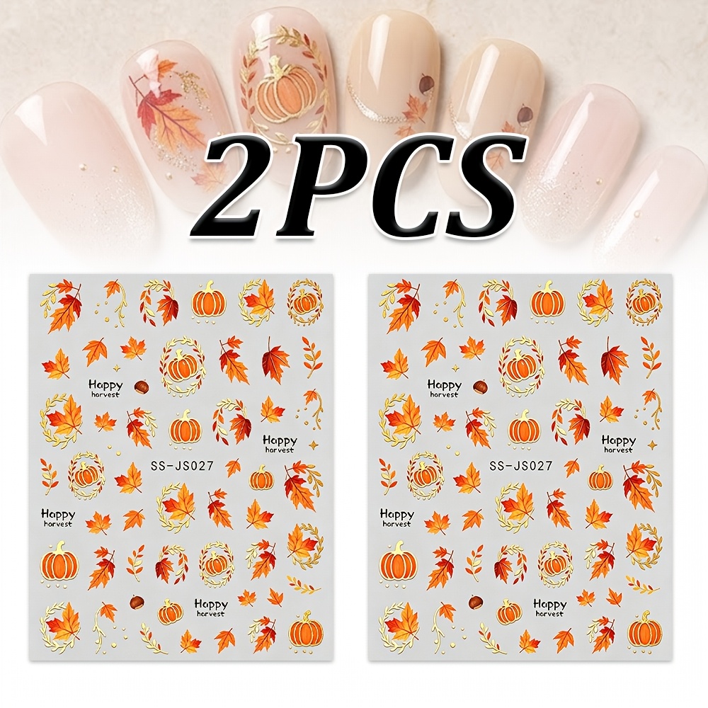 Image of 2 Sheets Autumn-themed Golden-foiled Nail Stickers Featuring Pumpkins, , Golden Wheat Stalks, Golden Dots, And "" A Soft, Autumnal Nail