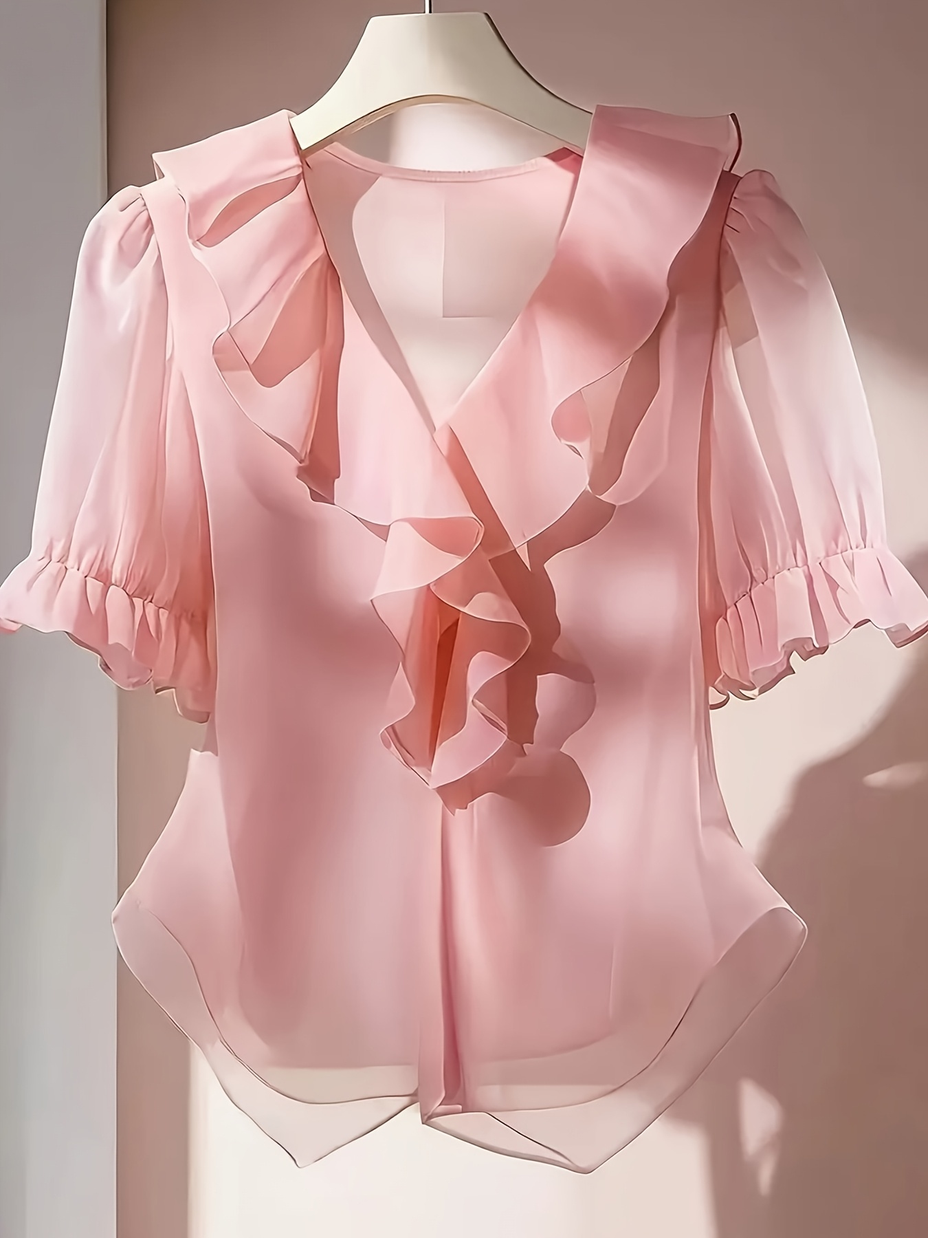 Elegant V-Neck Short-Sleeve Blouse with Ruffled Collar - Sheer Suitable for - Wear, Machine Washable Casual to Dressy