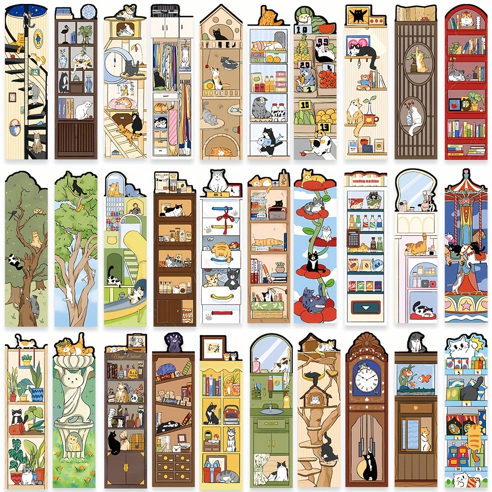 Image of 30pcs Cartoon Magic Cute Cat Kitten Bookstore Home Graffiti Bookmarks For Bookworm Bookish Perfect Gift For Cat Lovers Book Fanatic Diy Stationery Reading Mark Cards Birthday Christmas Gift