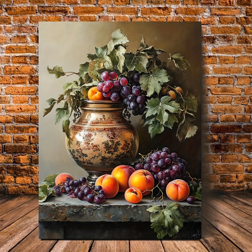2D ravna, 1 kom 2D ravna drvena uokvirena platna, zidna umjetnost spremna za vješanje, breskva, grožđe, vintage  , breskva na, 29.97cm X 39.88cm, platno dekoracija zidne umjetnosti za spavaću sobu, kuhinju,  , bar, seosku kuću, dnevni boravak, dekoracija kućnih zidova s uokvirenim YIML7604
