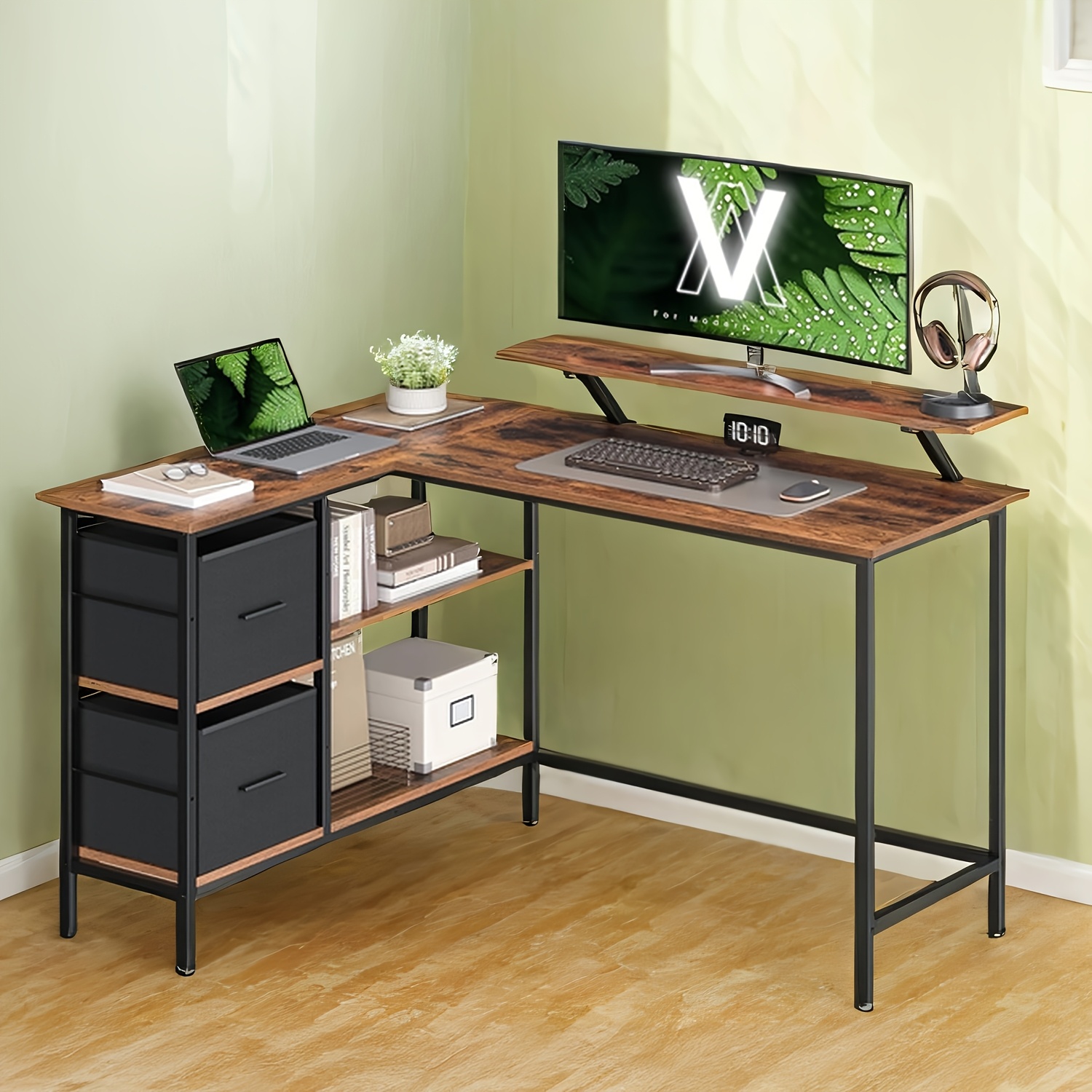 E-shop L-förmiger Schreibtisch, Ecktisch, mit 2 Schubladen, verstellbarem Regal Monitorständer, Computertisch,