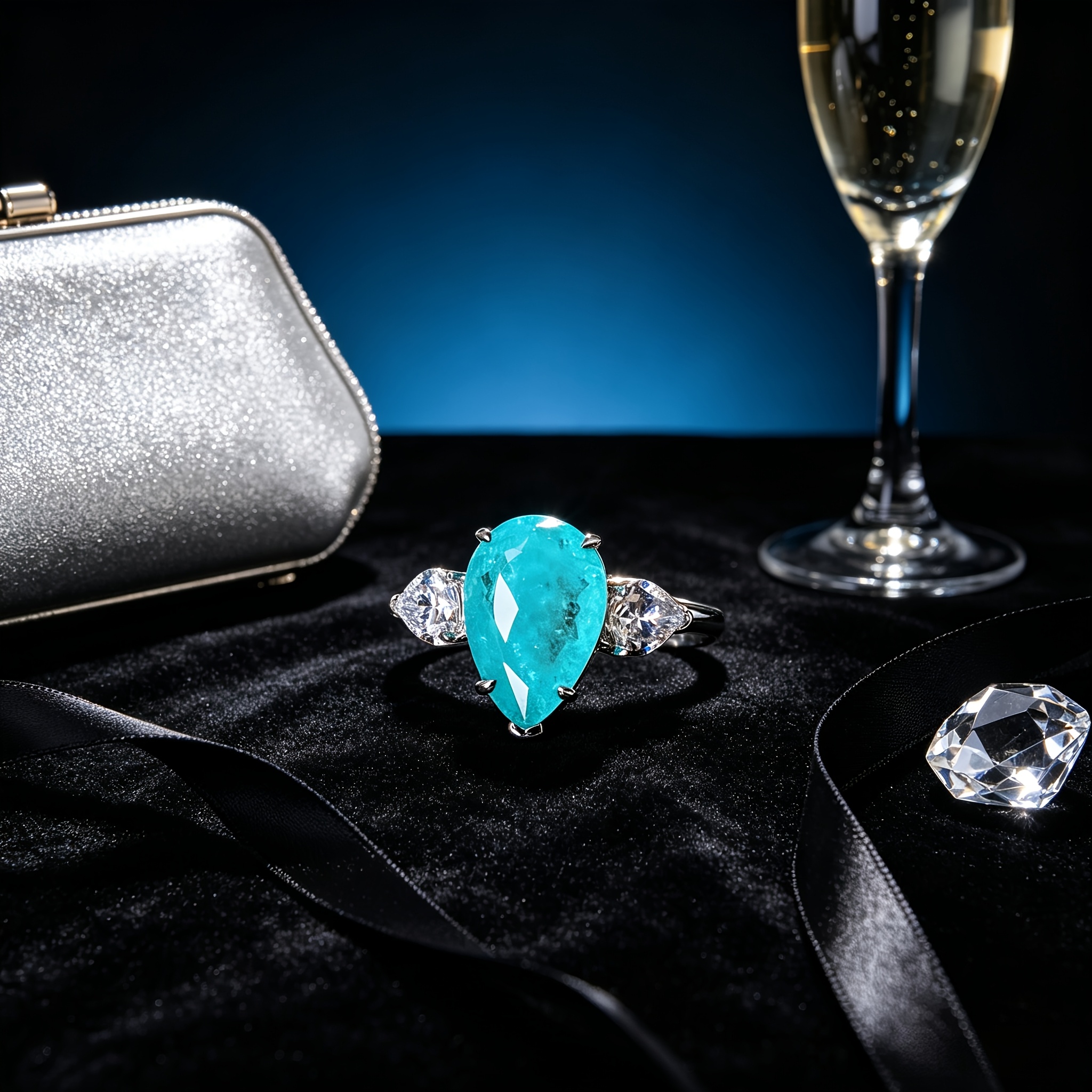 Women's Teardrop Blue-Green Gemstone Ring in Silvery Setting