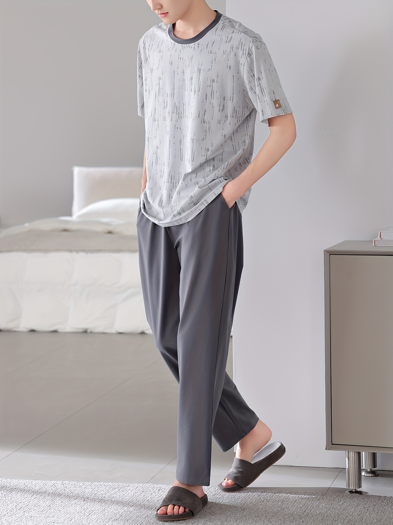 Men'S Sleepwear Set for Spring And Summer, Featuring a Pure Cotton Short-Sleeve Top And Long Pants, Designed As a Simple Plus-Size Homewear Set.