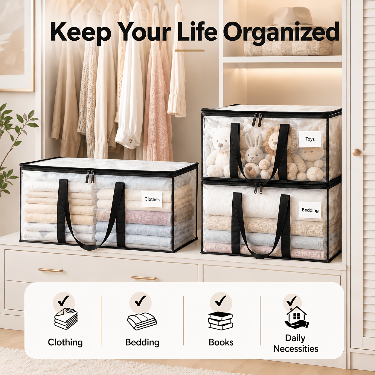 6-Pack Heavy-Duty Oversized Moving Bags with Reinforced Handles, Snap-Close Buckle Lids, Plastic Storage Totes for Clothes and Quilts