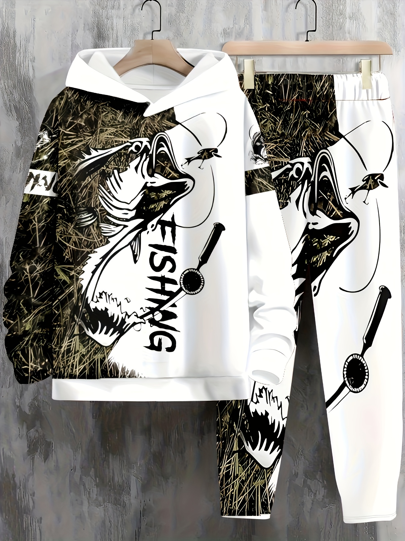 A Casual Set for Men Featuring a Hooded Sweatshirt with a Fishing Print And Matching Sweatpants, Made from Knitted, Designed for Spring And Autumn Wear