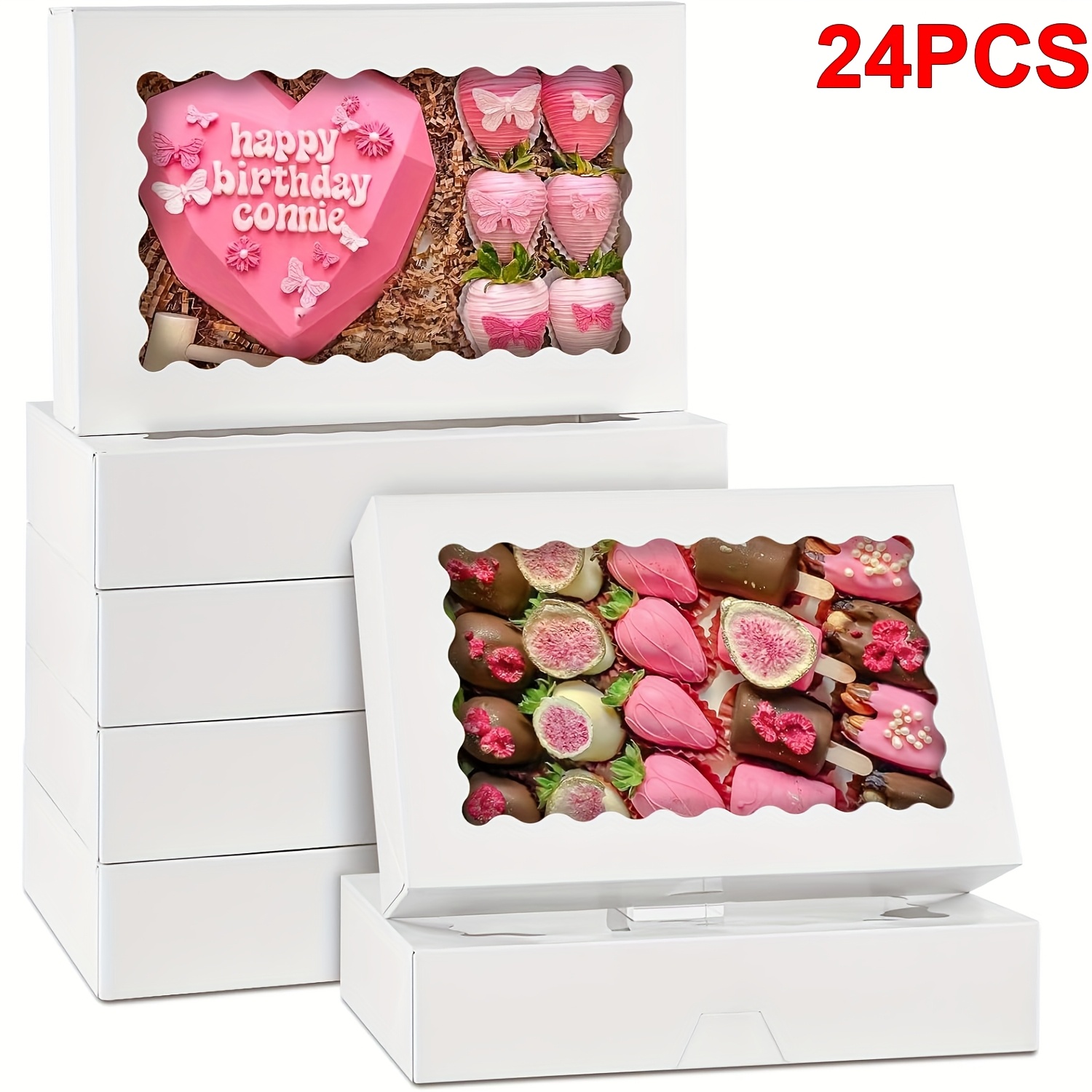 E-shop Set mit 24 selbstöffnenden Bäckerei-Boxen mit Fenster, Größe 12 x 8 x 2,5 Zoll, ideal zum Verschenken. Diese großen weißen Boxen eignen sich für