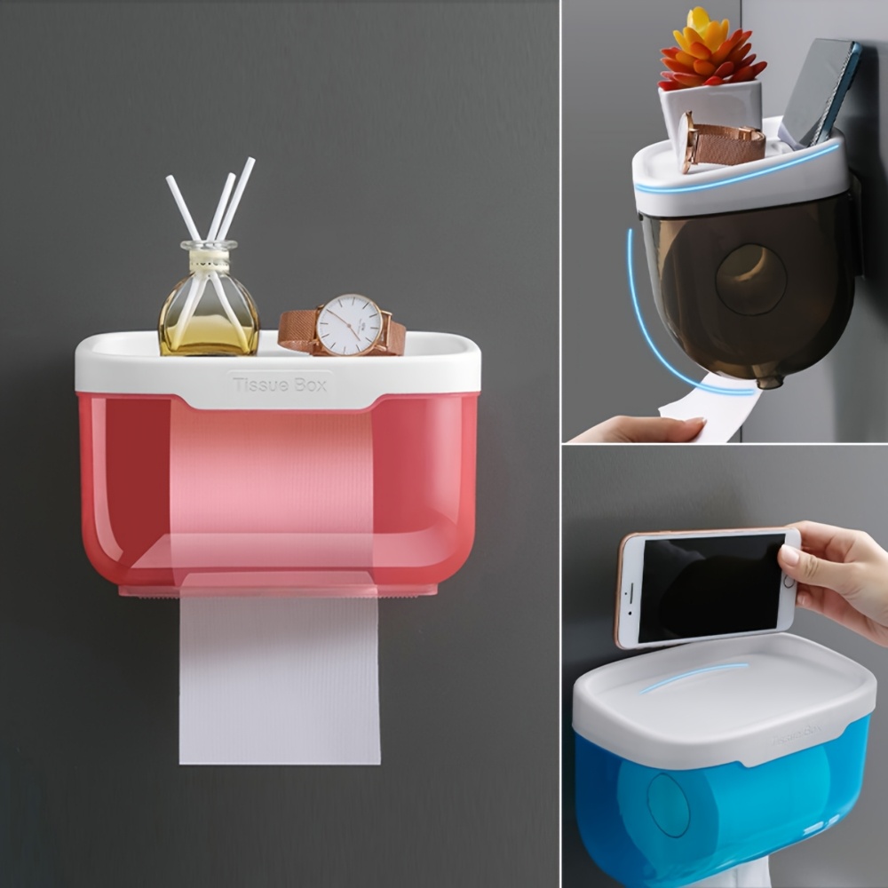 

1pc Waterproof Wall-mounted Toilet Paper Holder With Drawer - Adhesive, No Battery Needed, Ideal For Bathroom Organization & Cleaning