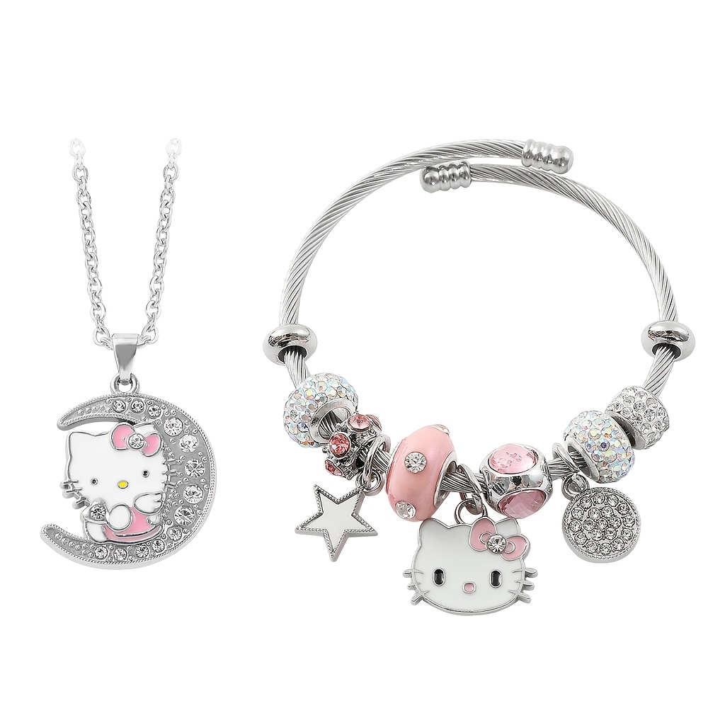 

2pcs Hello Kitty Cute Cartoon-themed Jewelry Set, Zinc Alloy Bangle With Sparkling Rhinestones, Fashionable Accessory, With Necklace And Bracelet Set For & Gift-, Valentine's Day