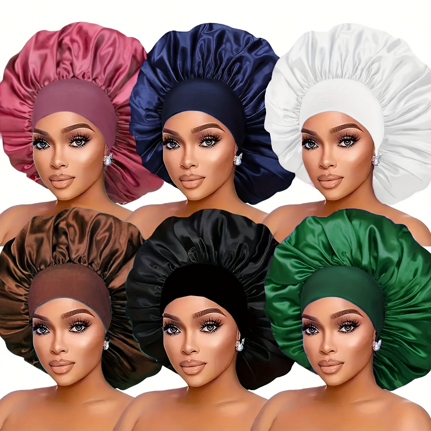 6pcs AWEGEO Women's Satin Bonnet with Elasticated Wide Brim - Breathable Sleep Cap Suitable for Travel, Spa, Daily Use | Elegant Hair Protection Hat, Spring/Fall Accessory