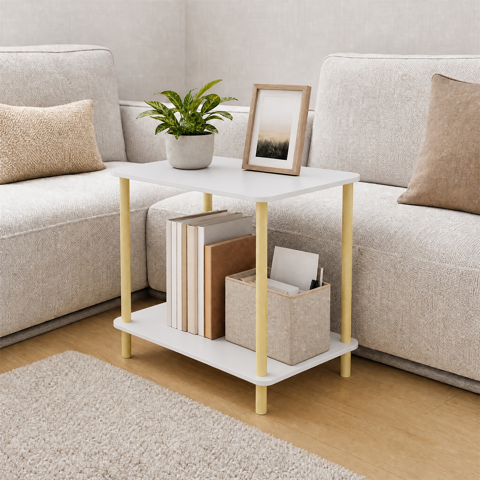Image of 2-tier Narrow Side Table With Storage Shelf - 60x30cm Low Profile Sofa Table, Wooden Bedside Nightstand For Living Room, Bedroom & Small Spaces, Space- End Table For Couch And Entryway