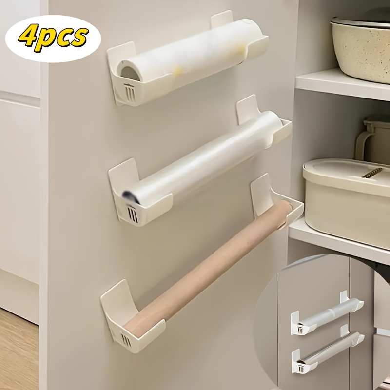 

4-piece No-drill Kitchen Storage Racks - Wall-mounted Plastic Bag Organizer For Fresh Film, Garbage Bags & More - Space-saving Refrigerator Side Shelf Accessories