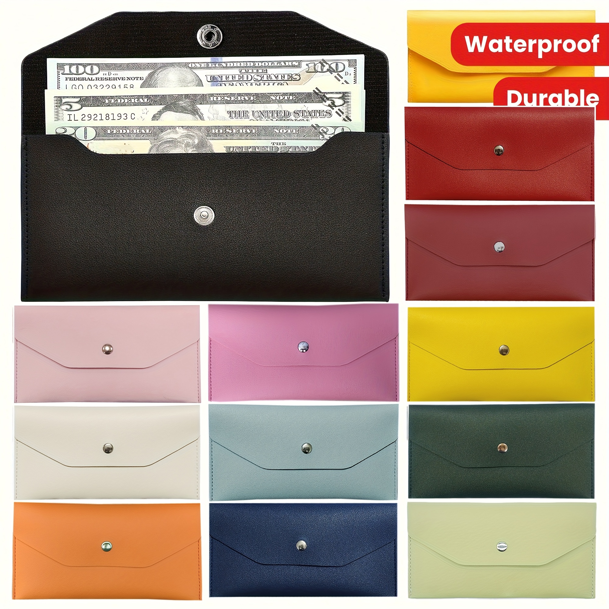 a pu leather cash envelope wallet with a rectangular snap design   in multiple colors office supplies for managing funds budgeting and check storage