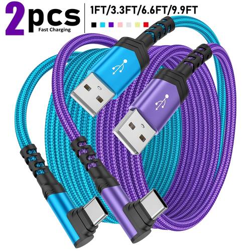 2pcs fast charging right angle usb to usb c cable nylon braided anti design usb to c fast charging cable suitable for iphone for samsung and other smartphones support data transfer