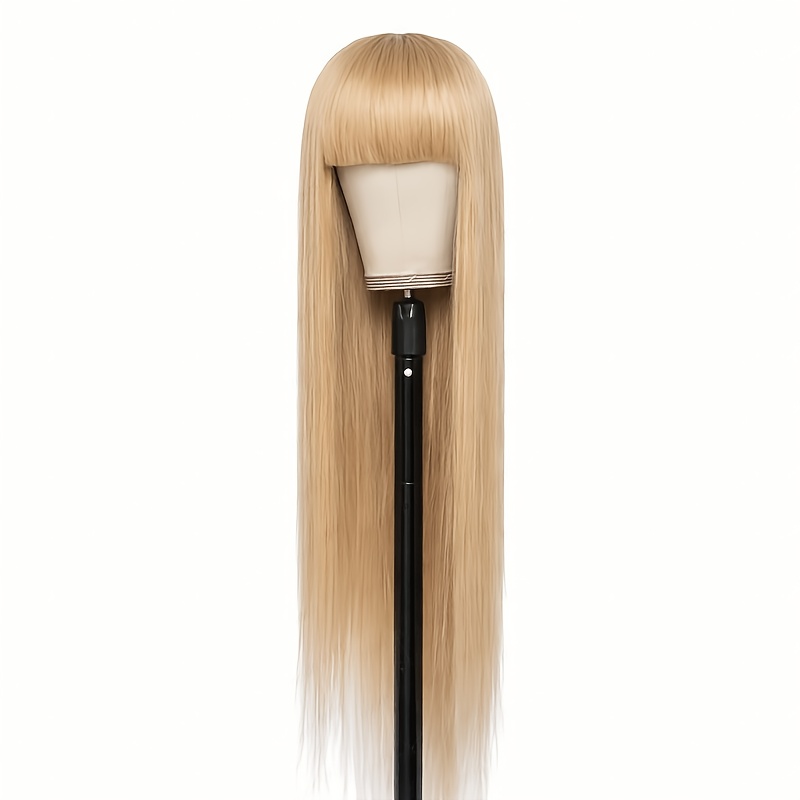 Image of Natural Looking Honey Blonde Straight Human Hair Wig Suitable For Women - Glueless No Lace Wig With Full Bangs, Hair, & Dyeable, Machine-made Wig Suitable For , Hair For Beginners