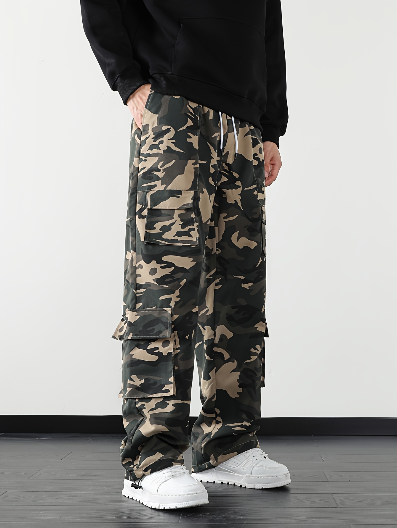 Men's Camouflage Print Multi-Pocket Cargo Pants, Elastic Waistband with Adjustable Legs, Fashion Wide-Leg Trousers