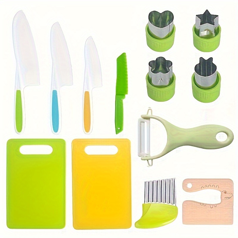 

Montessori Kids Kitchen Tools Set of 13, Real Cooking Supplies for Toddlers, Safe Knife Set for Children 8-12, Plastic Knives, Cutting Boards, Peeler, Scissors &