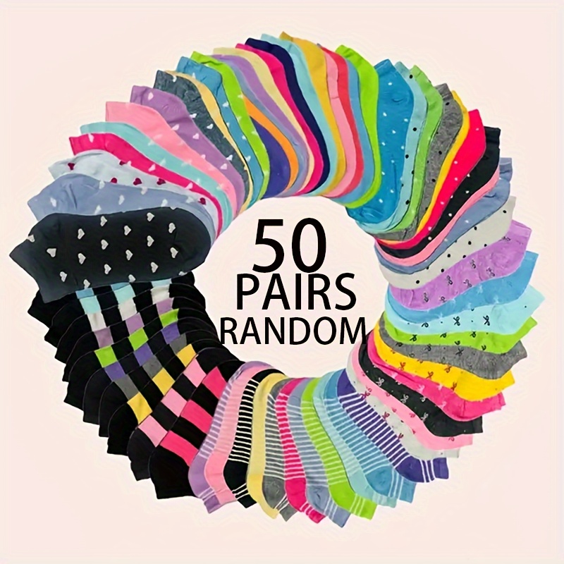 

10/30/50 Pairs Color Pattern Ankle Socks, Comfy & Breathable Short Socks, Women's Stockings & Hosiery