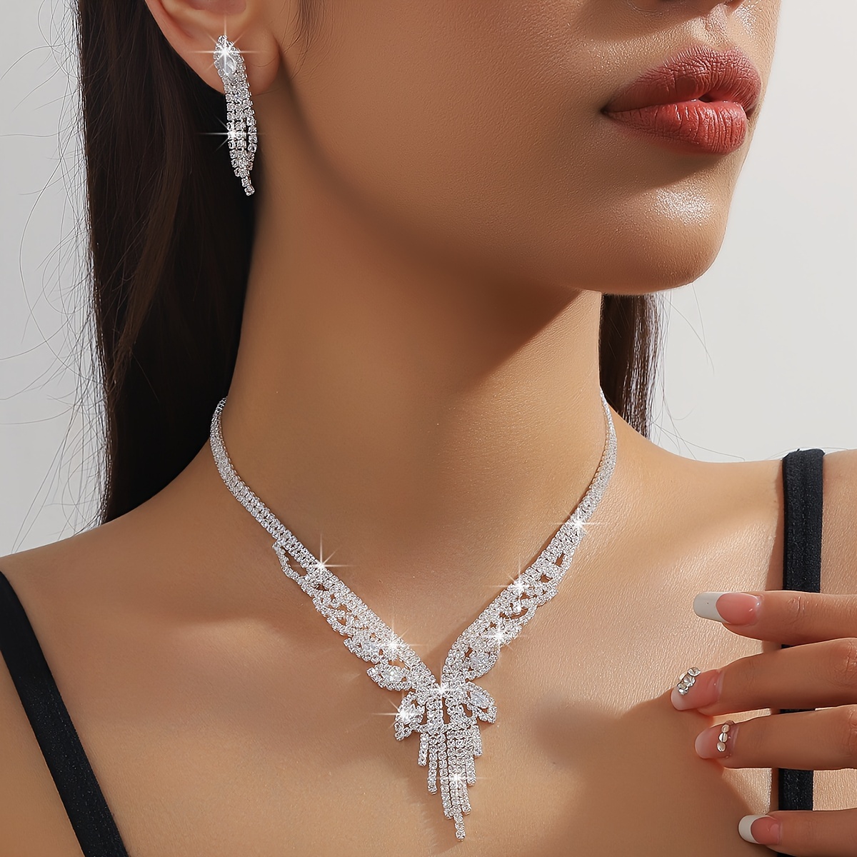 TEMU Luxurious Silvery-plated Cubic Zirconia Tassel Necklace And Earrings Set - Weddings, Parties & Valentine's Day Gift