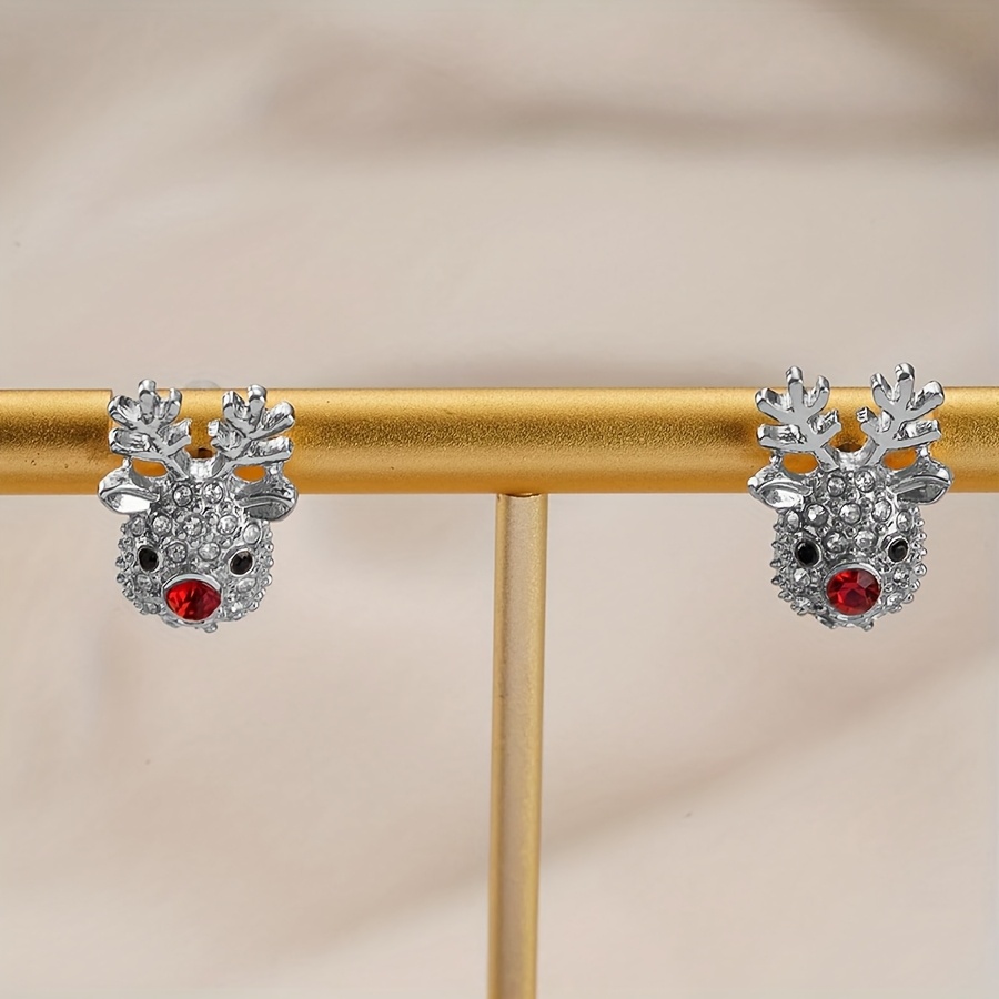 Image of 1 Pair Of Silvery Rhinestone Reindeer Stud Earrings, Cute Deer Earrings, Suitable For Daily Wear, Parties, Christmas, And Other Gatherings