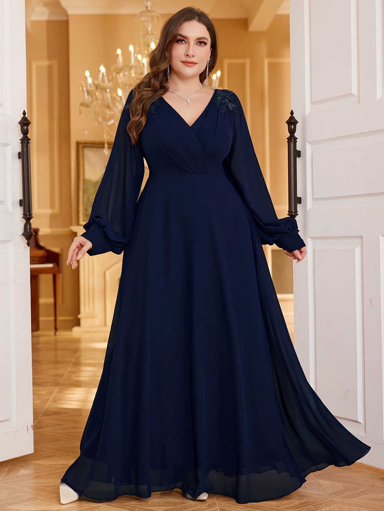chinese dress ladies Ever-Pretty Glitter Twist Knot See-Through Long Sleeve Tea-Length Midi Dress main image 1