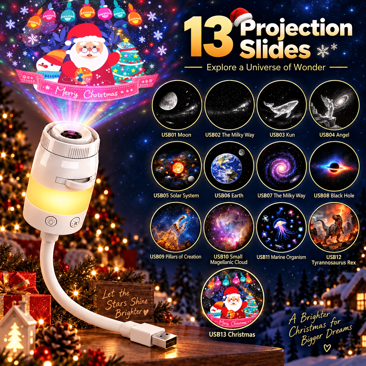 Image of Usb Star Projector Night Light With 13 Projection Slides, 7 Color , Dimming, 360° Flexible Gooseneck, Adjustable Led Projector Lamp For Bedroom, Desk, Christmas Gifts