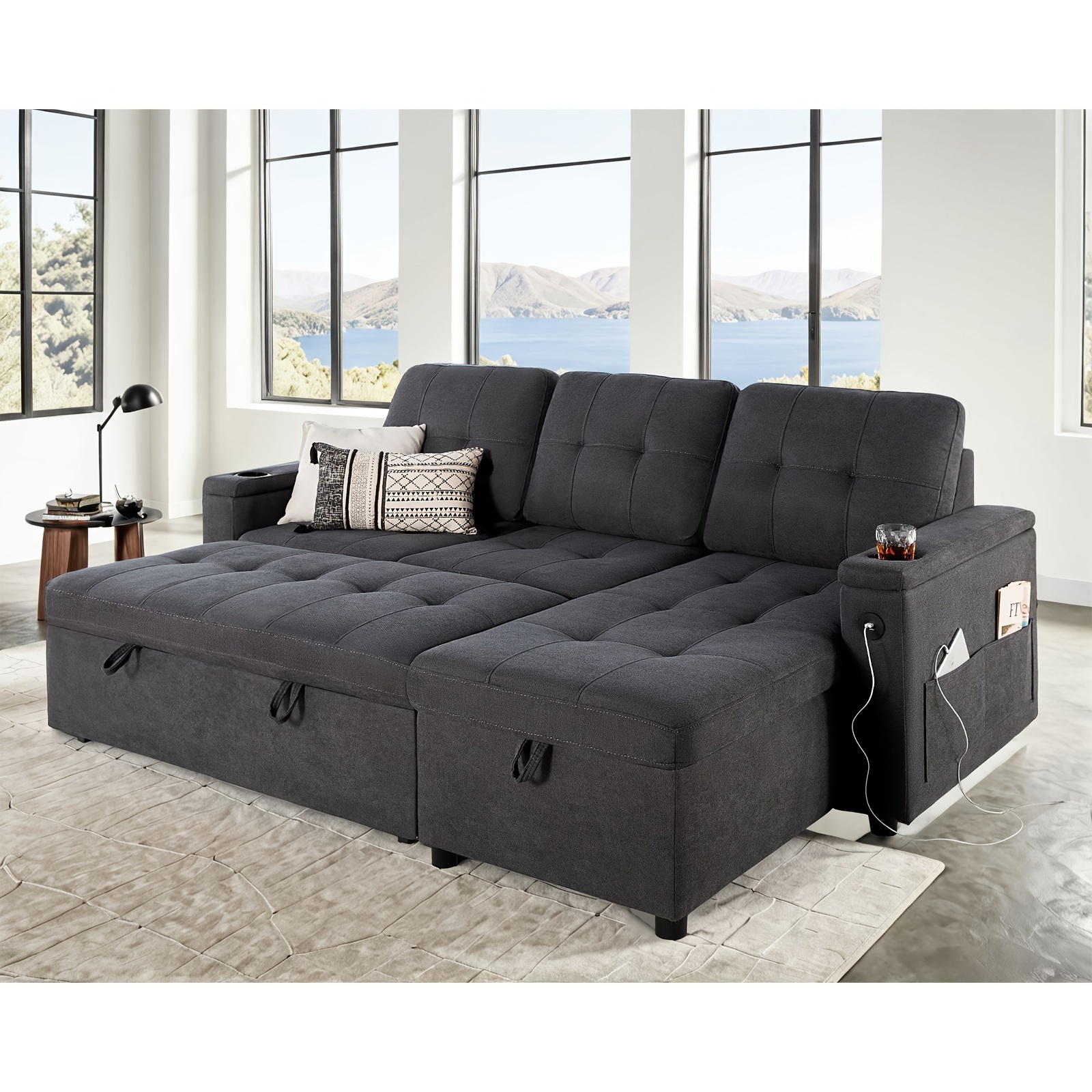 

Comfy Sleeper Sofa, Pull Out Couch Bed With Usb Charging Port & Cup Holders, L-shaped Sectional With Storage Chaise For Living Room