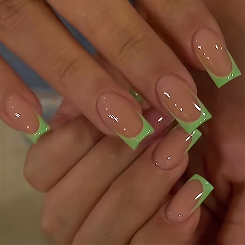 TEMU 30pz Unghie Finte a Pressione Stile Ballerina Adatte per /Estate, French Tip Verde a di Media Lunghezza con Kit di Applicazione, Estensioni