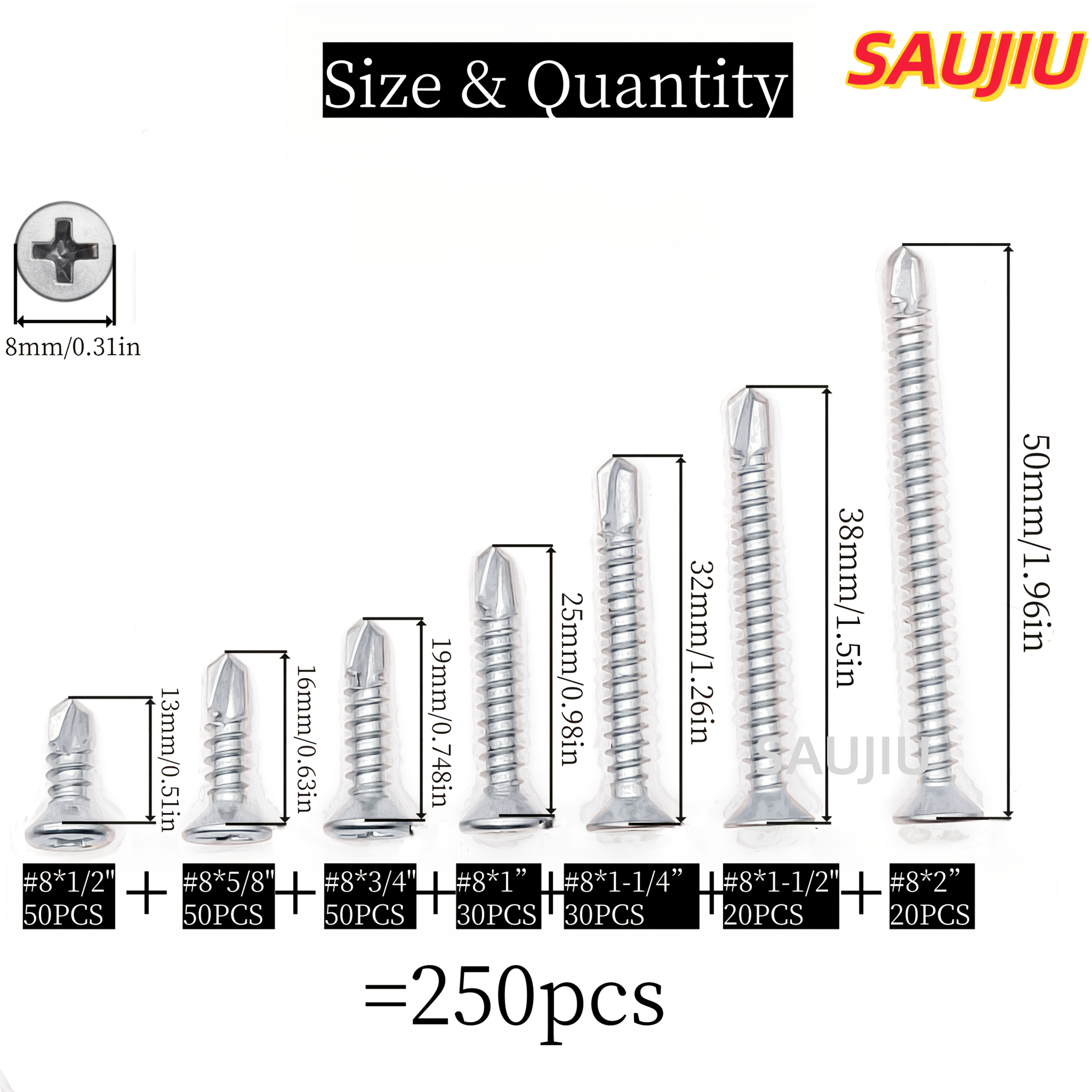 Image of 250pcs Phillips Sheet Metal Screws, 4.2mm 410 Stainless Fasteners, 7 Assorted Sizes For Furniture Assembly & Household