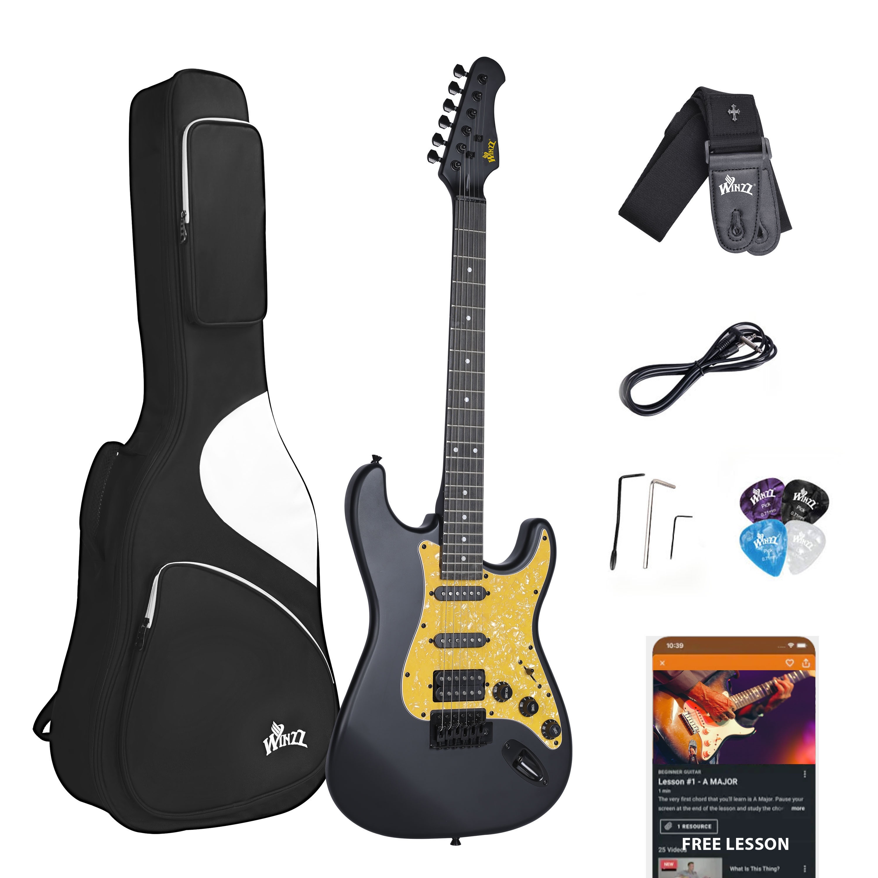 

Tg-e1 39 Inch Full Size Solidwood Electric Guitar Hss Pickup With 10mm Padding Bag, Cable, Strap, Picks, Matte Black