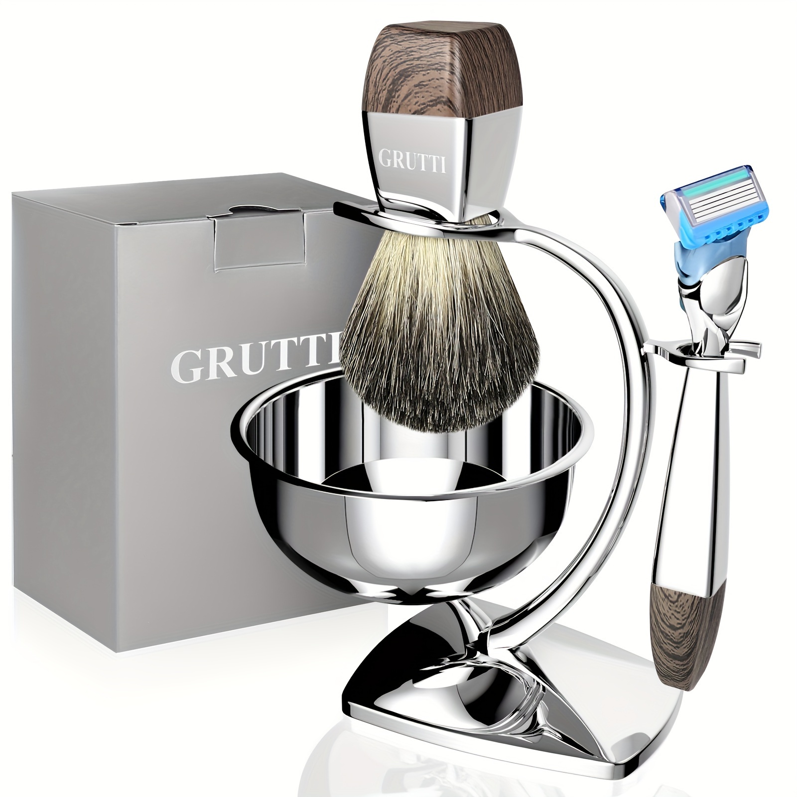 

Men's Wet Shaving Kit - Includes Hair Shaving Brush, Shaving Stand, Stainless Steel Shaving Bowl, 5 Blade Manual , Men' Grooming Gift Set