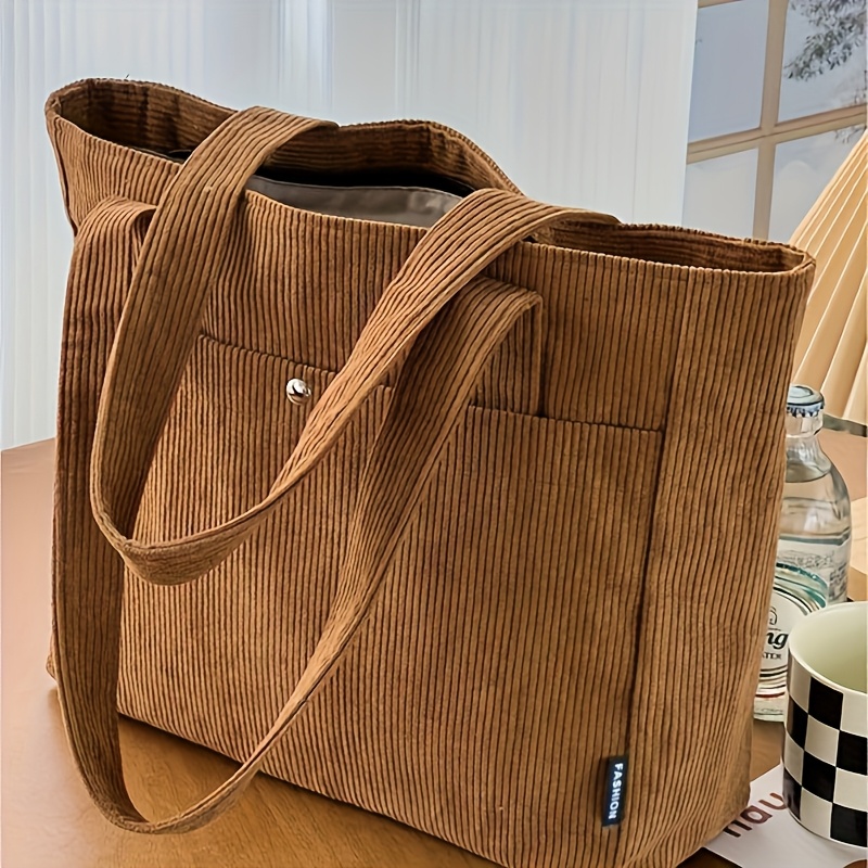 TEMU Autumn Winter Zipper, New Corduroy Commuter Shoulder Tote Bag, Literary Easy Casual Nylon Women'