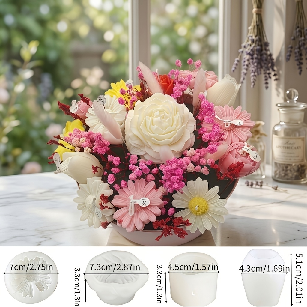 TEMU 4 Candle Molds, Realistic Peony, Rose, Tulip, And Rosebud Silicone Molds - Non-slip Bouquet Molds, Suitable For Candle Making, Resin Crafts,