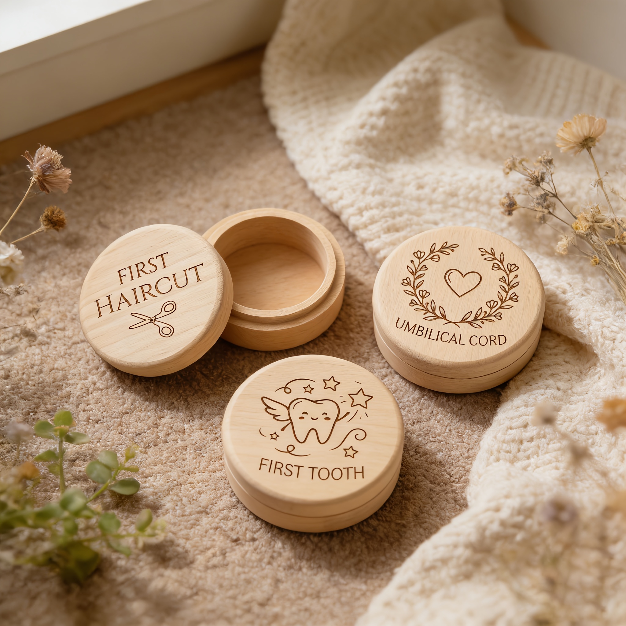 TEMU 3pcs Hair & Teeth Keepsake Box - Natural Wood Suitable For Storage, Portable First Keepsake Gift For New Parents, Hair & Tooth Preservation Box