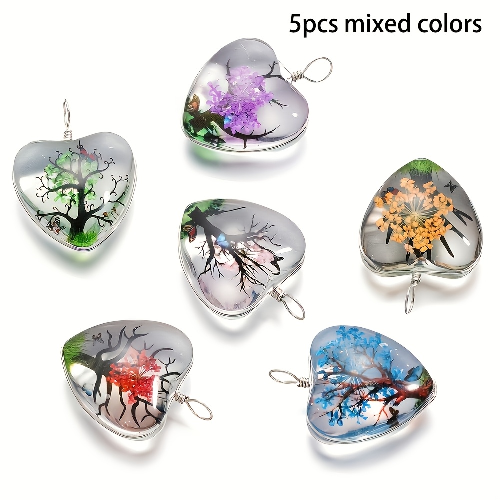 Image of 5pcs Tree Of Life Heart-shaped Dried Flower Glass Pendants, Handmade Jewelry Supplies, For Jewelry Making - Necklace, Bracelet And Earring Additions, Christmas Holiday Gifts