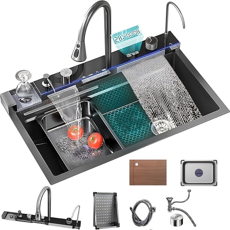 5.0 Nano Gunmetal Grey Stainless Steel Kitchen Sink With Double Basin - Includes Tap And Cup Washer, Durable And Easy To Clean, , Reinforced For , Includes Tap With Led Temperature Display.