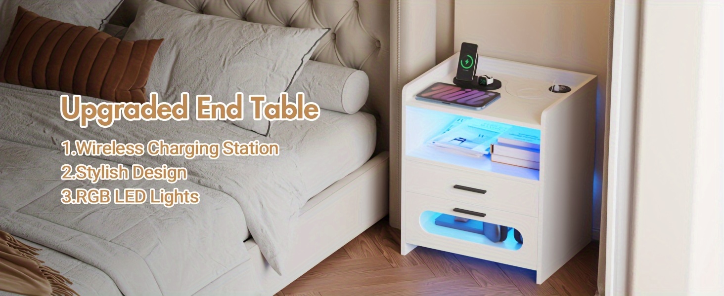 modern white bedside table with 2 drawers rgb led lighting charging usb port space saving design for bedroom office or playroom techfriendly storage modern bedside table durable construction bedside table for bedroom Product details 0