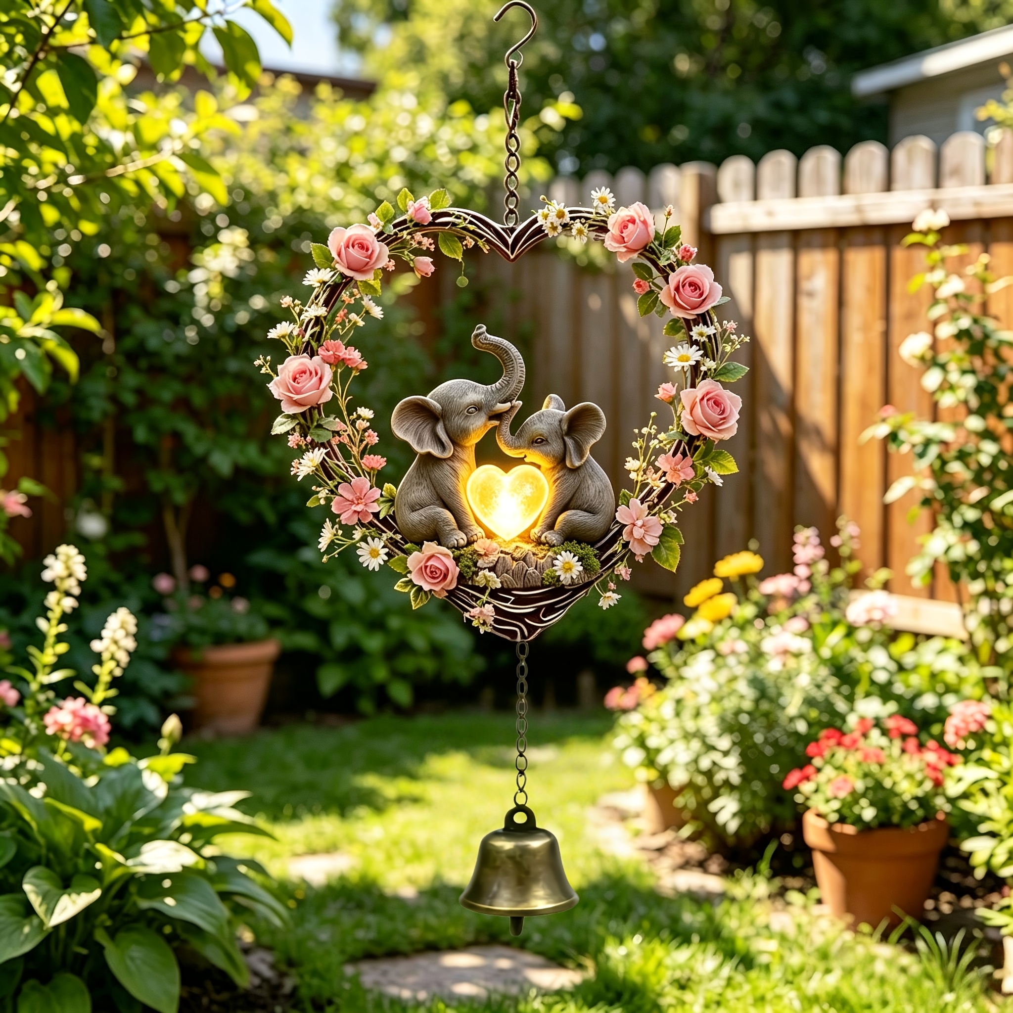 TEMU Blooming Heart Glow Wind Chime, Surrounded By Pink Roses And Small Daisies, Embracing Little Elephants With Heart, Vintage At Bottom, Suitable