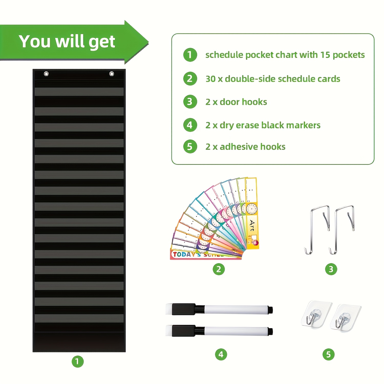 TEMU Organize Your Schedule With Ease: Large Size Daily Pocket Chart With 15 Pockets, 1 Storage Bag & 30 Reusable Cards - Perfect For Classroom,