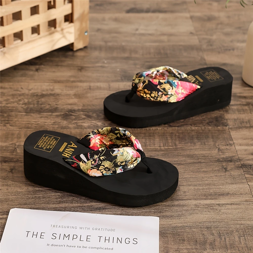 elegant style bohemian floral womens flip flops open toe breathable fabric straps cushioned eva sole summer beach sandals in black white beach accessories details 1