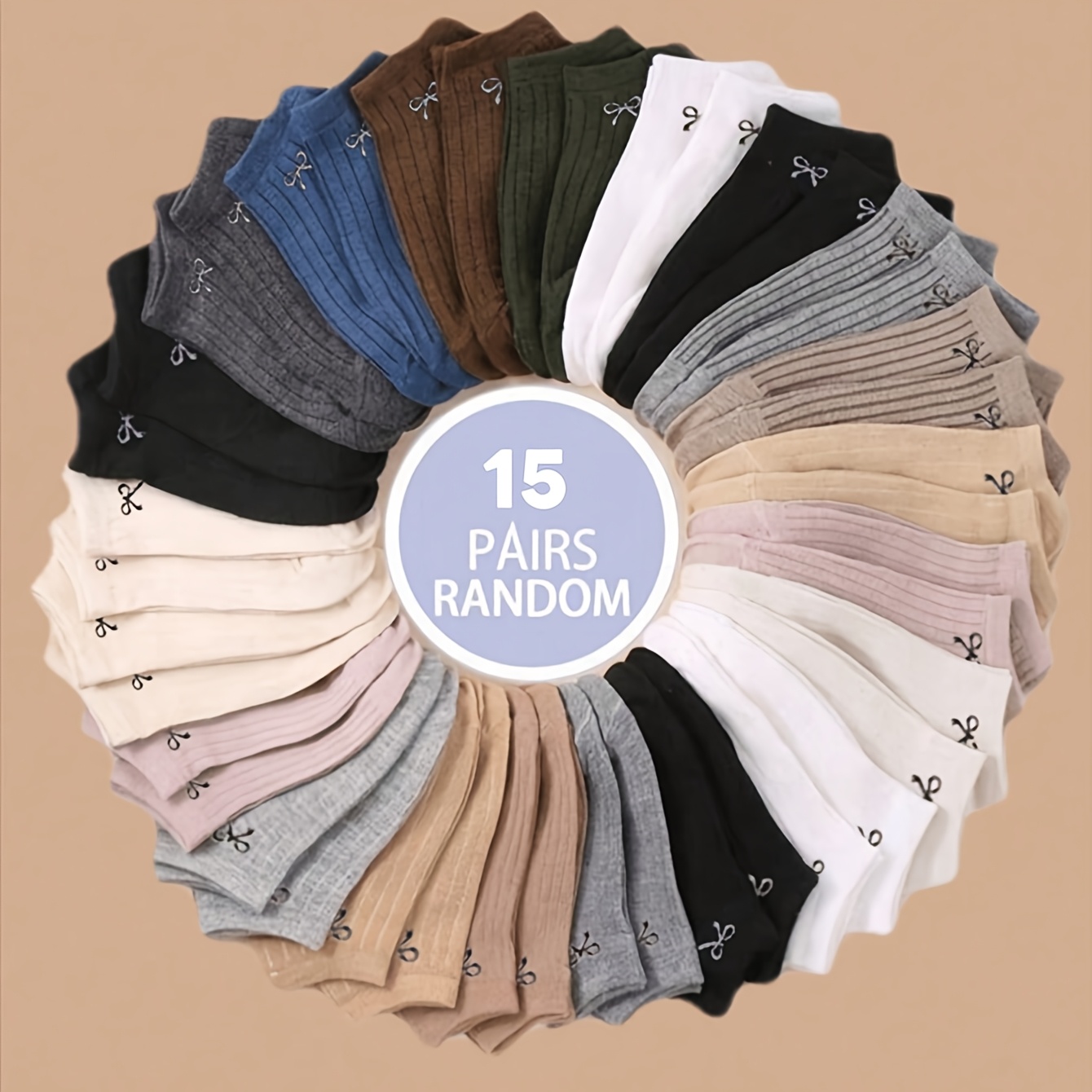 E-shop 15 Paar einfarbige, zufällige Farben, Schmetterlings-Schleife mit Kordelzug, einfache bequeme, lässige, alltägliche Kurzsocken für Frühling
